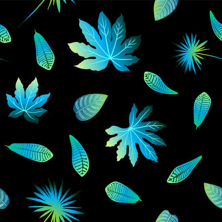 Pattern vector green neon tropical leaves of palm, monstera, fern. Plants on a black background.のイラスト素材