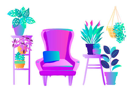 Neon tropical plants and flowers in pots. Vector color sketch on a white background. Ultraviolet pink, blue, turquoise.のイラスト素材