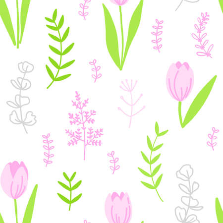 Vector flat illustration spring flowers pattern. Buttercups, anemones, pink tulips, eucalyptusのイラスト素材