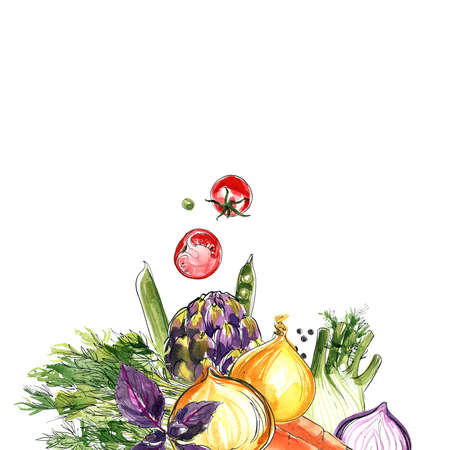 Artichoke, fennel, radish, rosemary, red onion. The composition of vegetables and herbs of Italian cuisine. Vegetables painted in watercolor on a white background. Colorful food count.の写真素材