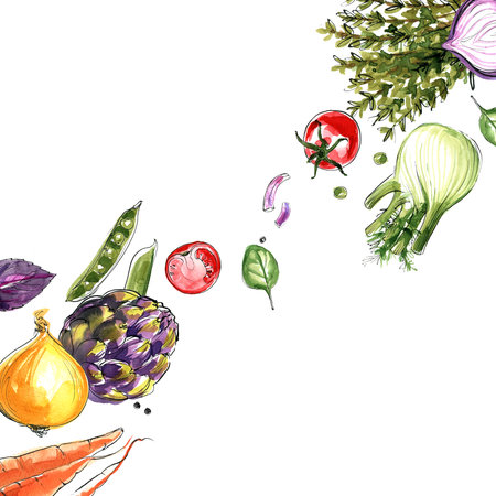 Artichoke, fennel, radish, rosemary, red onion. The composition of vegetables and herbs of Italian cuisine. Vegetables painted in watercolor on a white background. Colorful food count.の写真素材