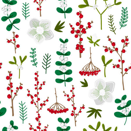 Pattern winter flowers berries, twigs, Christmas decor.のイラスト素材