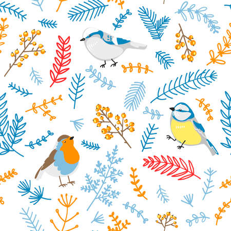 Pattern winter flowers berries, twigs, Christmas decor.