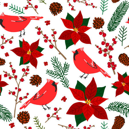 Pattern winter flowers berries, twigs, Christmas decor.のイラスト素材