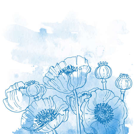 Flowers and herbs line on watercolor background colorのイラスト素材