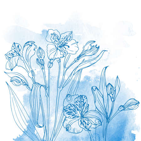 Flowers and herbs line on watercolor background colorのイラスト素材