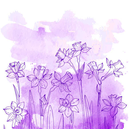Flowers and herbs line on watercolor background colorのイラスト素材