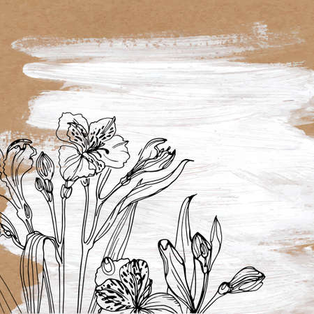 Flowers and herbs line on watercolor background colorのイラスト素材