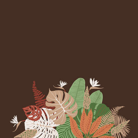 Beige brown green tropical leaves vector frame. Exotic decor. Fashion decoration colorのイラスト素材