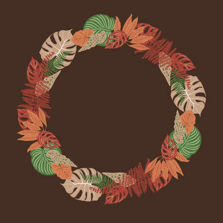 Beige brown green tropical leaves vector frame. Exotic decor. Fashion decoration colorのイラスト素材