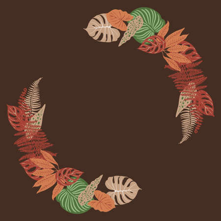 Beige brown green tropical leaves vector frame. Exotic decor. Fashion decoration colorのイラスト素材
