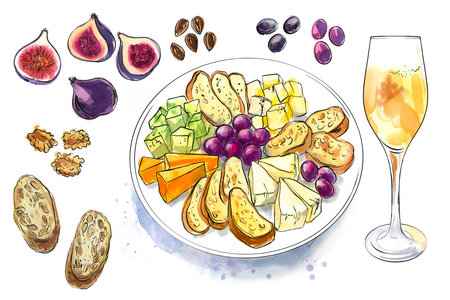 Cheese plate, grapes, bread. Food illustration sketch watercolor inkの写真素材