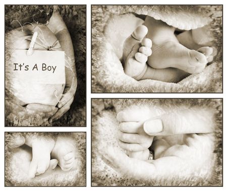 Collection of baby feet and hands with pregnant motherの写真素材