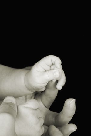 Hands of caucasian mother and baby, baby holding mother's fingerの写真素材