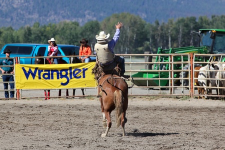 MERRITT, B.C. CANADA - SEPTEMBER 3: Cowboy during bareback event at The 52nd Annual Pro Rodeo September 3, 2011 in Merritt British Columbia, Canadaのeditorial素材