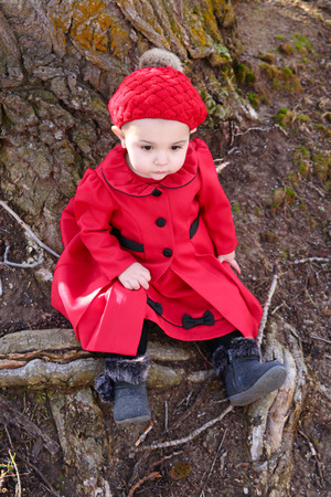 Little girl wearing a red coat and hat in the forestの写真素材