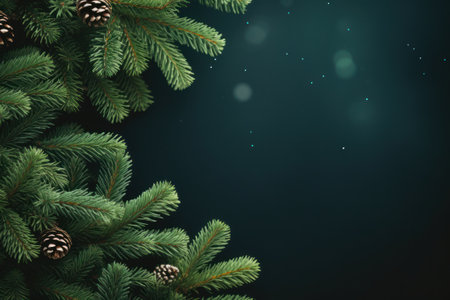 Christmas and happy new year tree branches and pine cones background.の素材