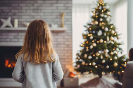 Child with their backs looking at the Christmas tree and gifts. Concept of Christmas day or three wise men day.の素材