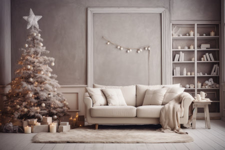 Nice Christmas living room on grey wall background.の素材
