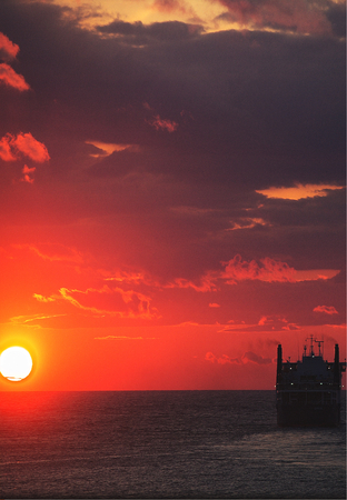 passenger ferry at the sunsetの写真素材
