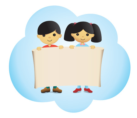 Cute boy and girl holding a posterのイラスト素材