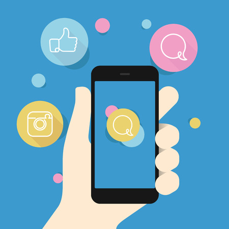 Smartphone in hand and social icons Design templateのイラスト素材