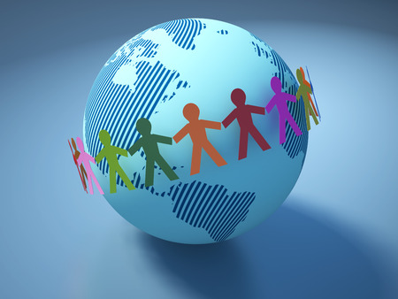 People with Earth Globe - Community Concept - High Quality 3D Renderingの写真素材