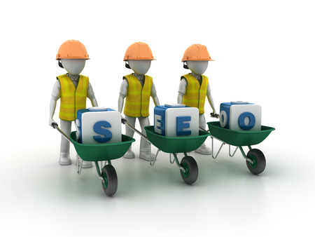 Characters Worker With Wheelbarrow and SEO Blocks on White Background - High Quality 3D Renderingの写真素材