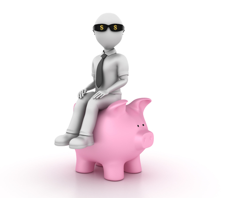Business Character Seating over to Piggy Bank - High Quality 3D Renderingの写真素材