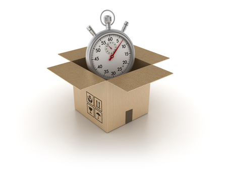 Open Cardboard boxes with Stopwatch on White Background - High Quality 3D Renderingの写真素材
