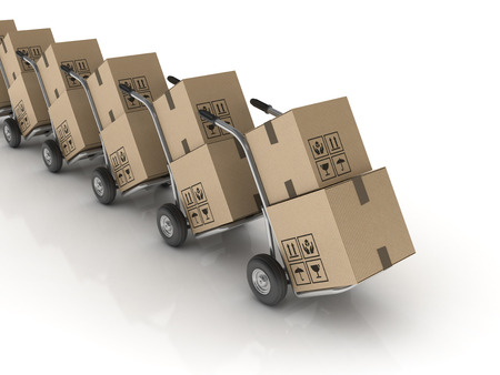 Hand Trucks With Cardboard Boxes in a Row - High Quality 3D Renderingの写真素材