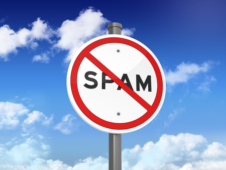 Road Sign with NO SPAM on Blue Sky and Clouds Background - High Quality 3D Renderingの写真素材
