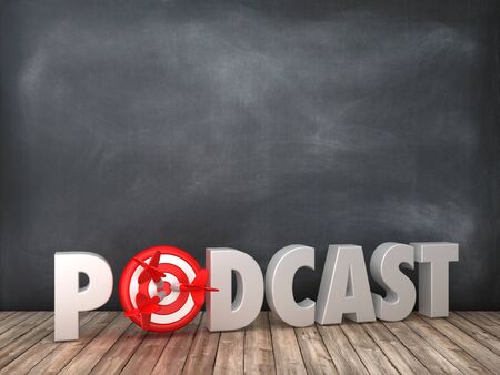PODCAST 3D Word with Target on Chalkboard Background - High Quality 3D Renderingの写真素材