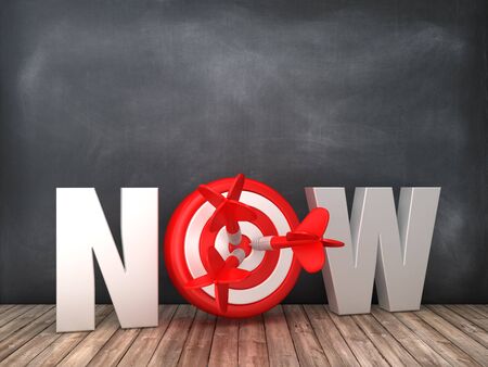 NOW 3D Word with Target on Chalkboard Background - High Quality 3D Renderingの写真素材