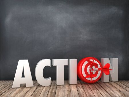 ACTION 3D Word with Target on Chalkboard Background - High Quality 3D Renderingの写真素材