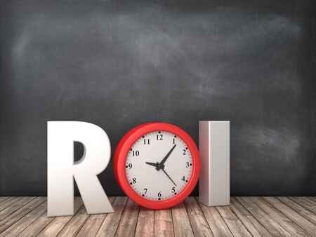 3D ROI Word with Clock on Chalkboard Background - High Quality 3D Rendering