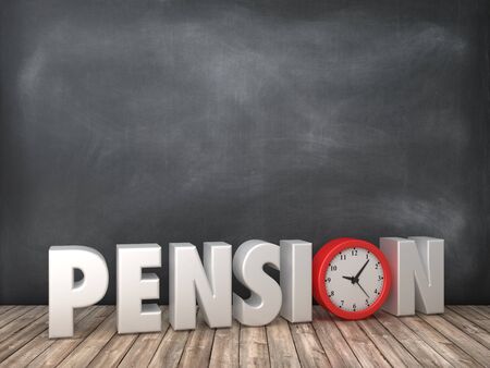 PENSION 3D Word with Clock on Chalkboard Background - High Quality 3D Rendering