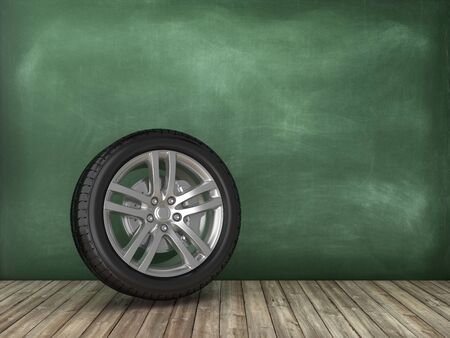 Car Wheel on Chalkboard Background - High Quality 3D Rendering