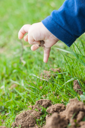 Outdoor fun. Close up image of a child's hand playing with the soil.の写真素材