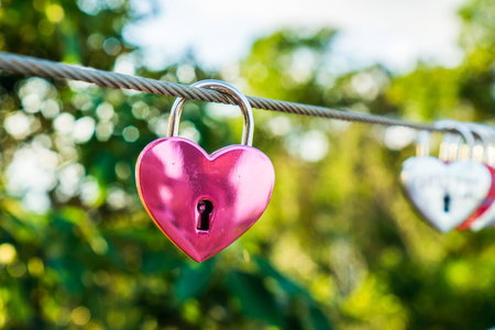 The pink heart shaped love padlock is hanging on wire in blur backgroundの写真素材
