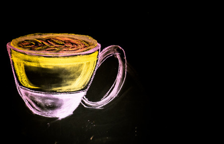 Color chalk drawing of hot latte with latte art on the blackboardの写真素材