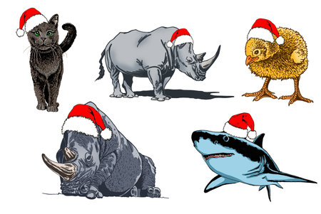 Vector color set of animals in Santa Claus red hat on white isolated, Christmas wildlife elementのイラスト素材