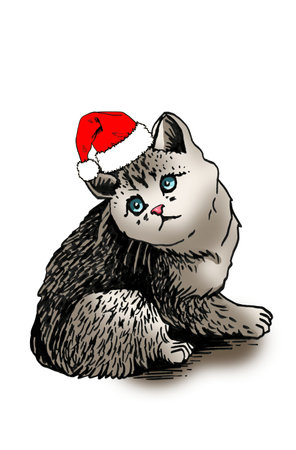 Vector color drawing of grey cat in Santa Claus red hat ,illustration for Christmas design and booksのイラスト素材