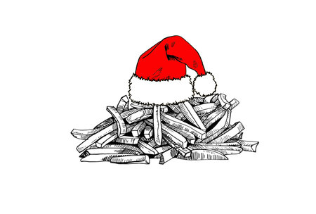 Vector french fries in Santa Claus hat on white background, new year fast food elementのイラスト素材