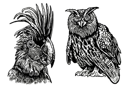 Graphical set of birds isolated on white , vector owl and parrot.のイラスト素材
