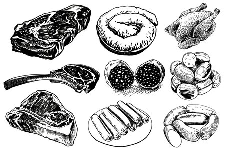Products of deli. Graphical illustration of steaks, sausages and grilled chicken on white background, vector elementsのイラスト素材