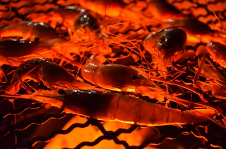 The dilcious grilled prawns on the hot flamingの写真素材