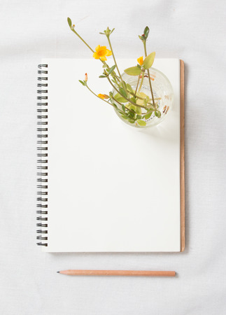 Top view of little plant with flowers on blank notebook on white fabric workspace background.の写真素材