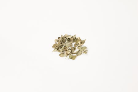 Pile of dried leaves  branch on white background, top view.の写真素材