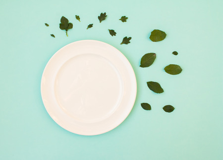 Decorated leave with the empty white plate on green background.